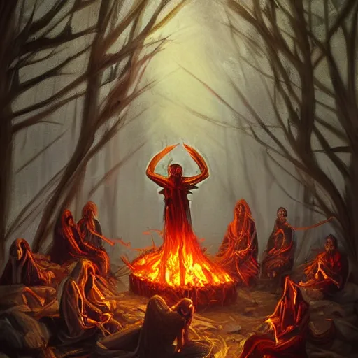 Prompt: concept art of a pagan ritual, summoning a demon around a fire in the woods at night, trending on artstation, beautiful painting