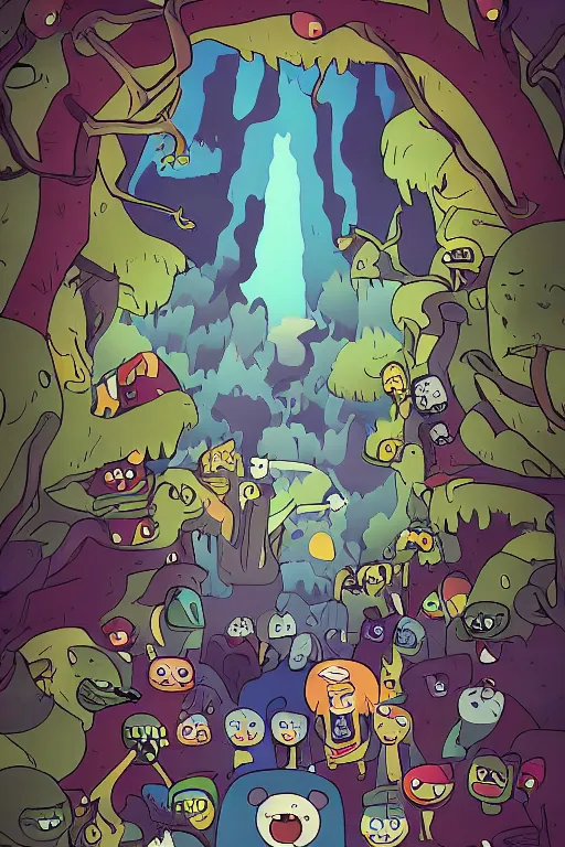 Image similar to Artwork in style of Adventure Time of the cinematic view of the Ghastly Forest of Insanity.