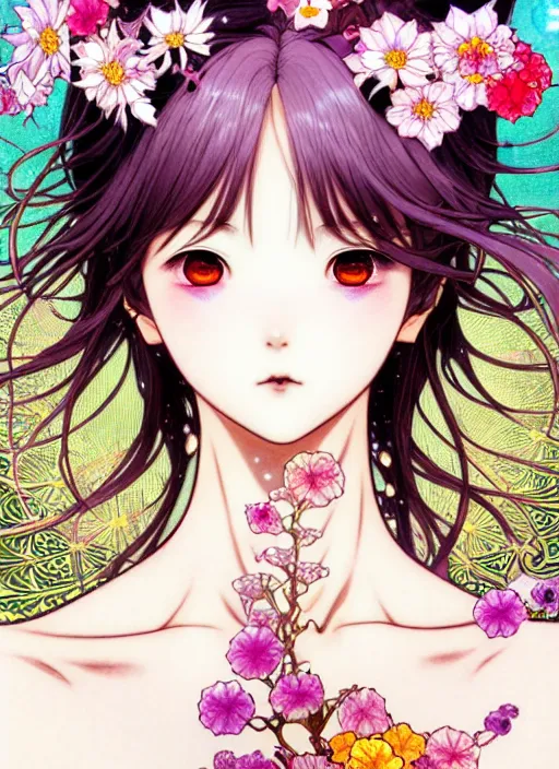 Prompt: exquisite imaginative manga portrait art of vampries girl, flowers, pearlescent, shimmering, reflective, rim light, clear face, detailed background, by kojima ayami, shigenori soejima, minaba hideo, alphonse mucha, art nouveau, illustration, pivix, concept art, highly detailed, colorful, maximalist