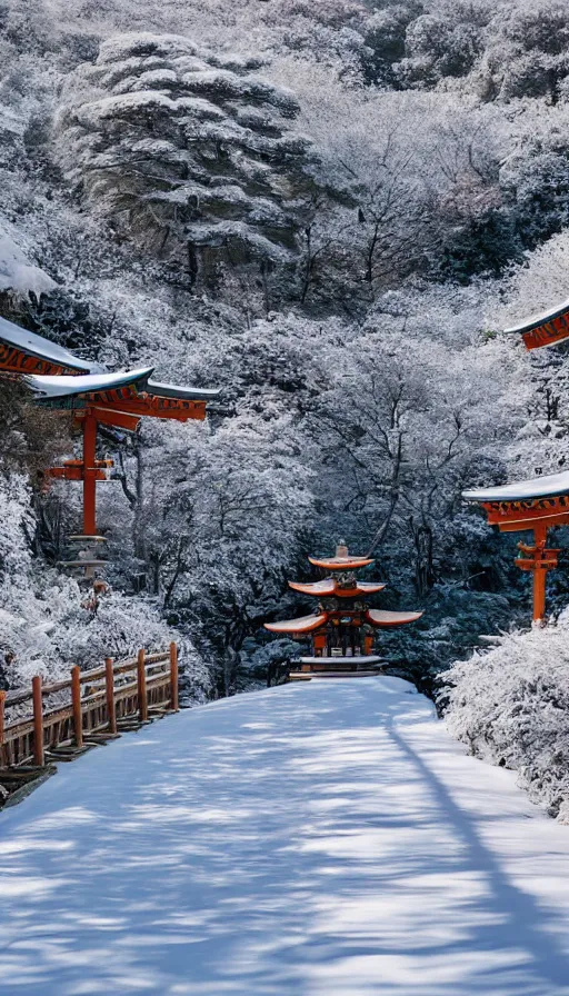 Image similar to a shinto shrine path atop a mountain,snowy,beautiful,nature,distant shot,isometric