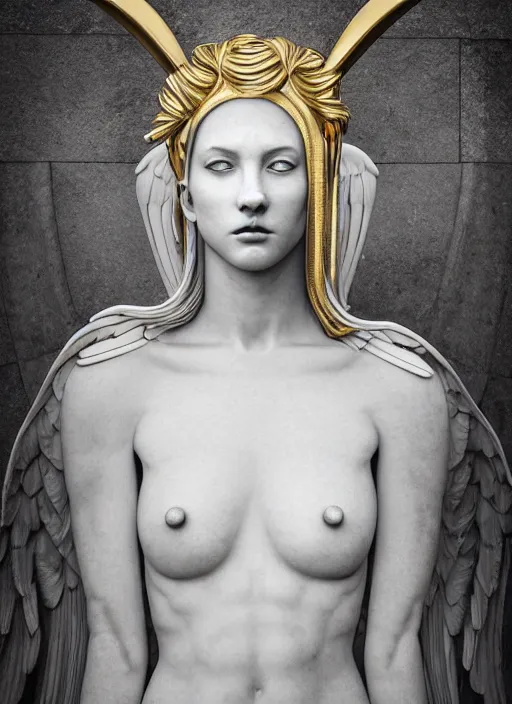 Image similar to a statue made of white marble with gold veins, of an beautiful gorgeous angel girl, full body shot, perfect symmetrical body, perfect symmetrical face, no eyes, hyper realistic, hyper detailed, fujicolor superia 1 6 0 0 photo, by johannen voss, by peter kemp, by monia merlo, by michelangelo octane render, blender, 8 k