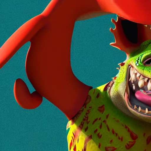 Image similar to 3 d render, anthropomorphic alligator, red scales on his back, yellow scale on his belly and chest, male, waring a hawaiian shirt, in the style of zootopia, hd, 4 k, high definition background