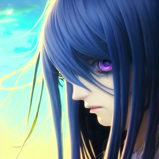 Prompt: attractive long blue - haired girl with bangs gothic anime character with / amber eye color gold / fantasy, screenshot, anime, sharp focus, intricate, illustration, cell shaded, digital painting, highly detailed, concept art, art by ilya kuvshinov and kyoto animation and wlop, and greg rutkowski, studio quality, james jean, artem demura
