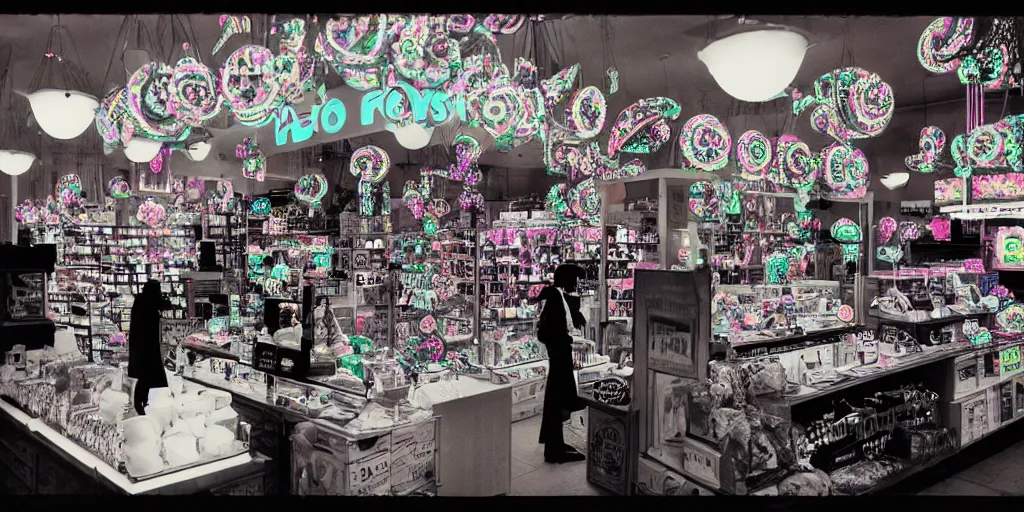 Prompt: fluorescent crowded Macy’s jewelry counter, dead-eyed sales clerk staring at you in a dream, deja vu, psychedelic, muted tones, DMT, eerie, uncanny, hazy, cinematic, realism, directed by stanley kubrick