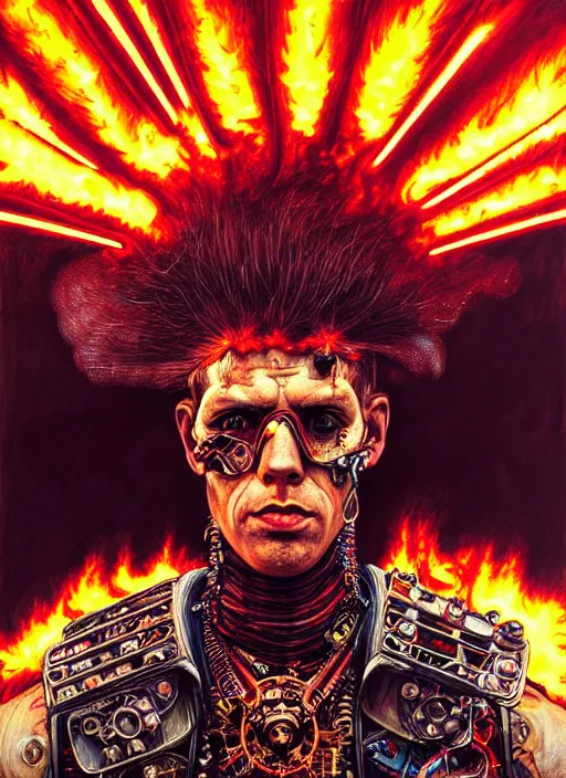 Image similar to portrait of a punk man driving a burning man car, background is on fire, mad max style, warhammer 40000, cyberpunk, intricate, highly detailed, digital painting, artstation, concept art, smooth, sharp focus, illustration, art by Amano and Karol_Bak and artgerm and greg rutkowski and alphonse mucha and Gustav Klimt and Kojima