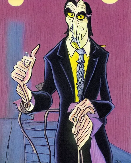 Image similar to sinister male antagonist in suit, wealthy high - rise apartment, artwork by ralph bakshi