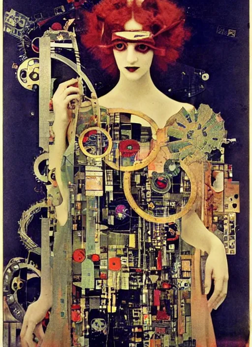 Image similar to cute punk goth fashion fractal alien martian girl wearing kimono made of circuits and leds, surreal Dada collage by Man Ray Kurt Schwitters Hannah Höch Alphonse Mucha