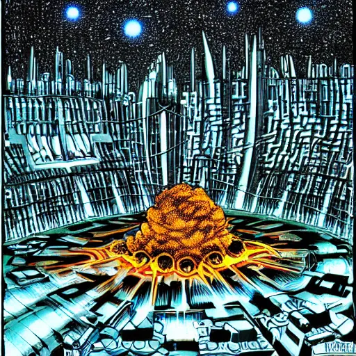 Image similar to nuclear explosion in a futuristic city by Kentaro Miura, psychedelic