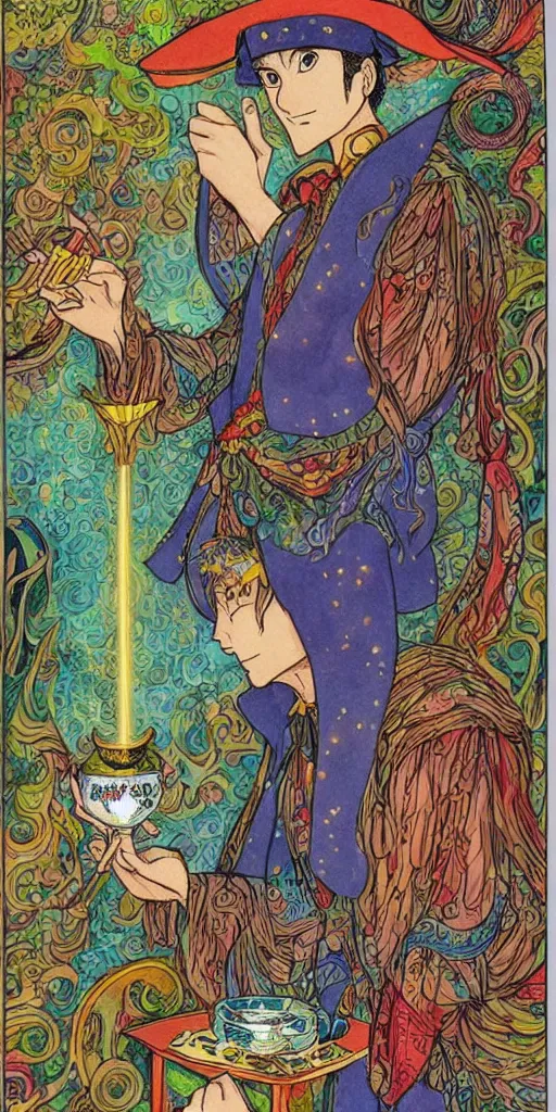 Image similar to a mystical man with a goblet on the table, wizard hat, drawn by Naoko Takeuchi, impressive line work, tarot card. tarot card the magician, psychedelic, intricate, detailed, full color