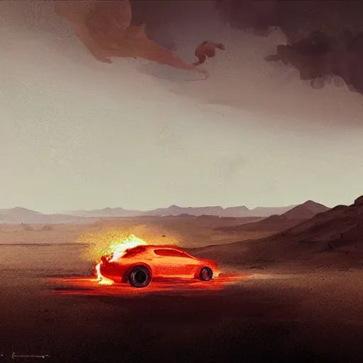 Prompt: A car on fire in a desert while the silhouette of a man is watching this sad spectacle | painting by Greg Rutkowski