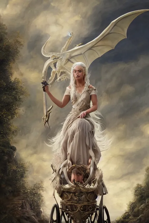 Image similar to A fantasy book style portrait painting of Daenerys Targaryen, as a Mystical Valkyrie, she is pushing a pram, there is a small dragon inside the pram, Atlantean Warrior, François Boucher, Oil Painting, unreal 5, DAZ, hyperrealistic, octane render, Regal, Refined, Detailed Digital Art, RPG portrait, William-Adolphe Bouguereau, Michael Cheval, Walt Disney (1937), Steampunk, Volumetric Golden dappled dynamic lighting, Highly Detailed, Cinematic Lighting, Unreal Engine, 8k, HD