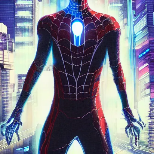 Image similar to cyberpunk spiderman robot ninja illumination ray tracing hdr fanart arstation by sung choi and eric pfeiffer and gabriel garza and casper konefal