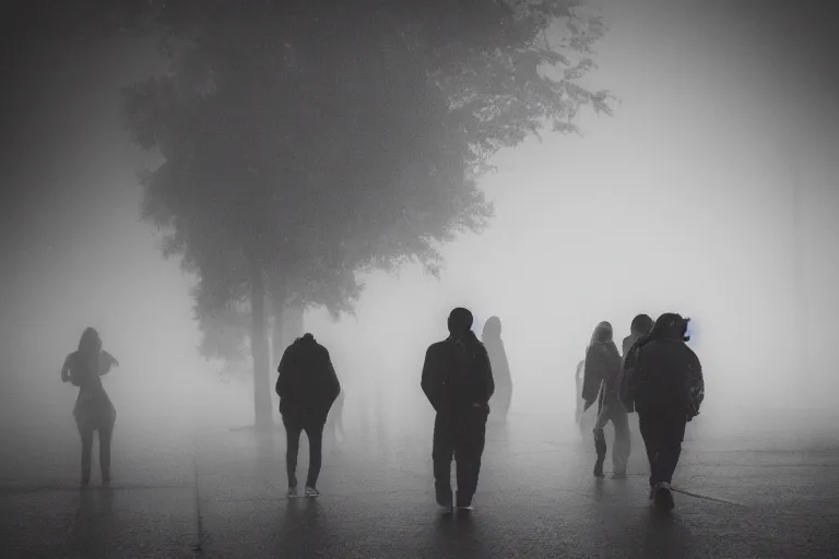 Prompt: photo of people being lured in the mist by sirenhead, eerie atmosphere, fear, mystery, dramatic, 8 k uhd