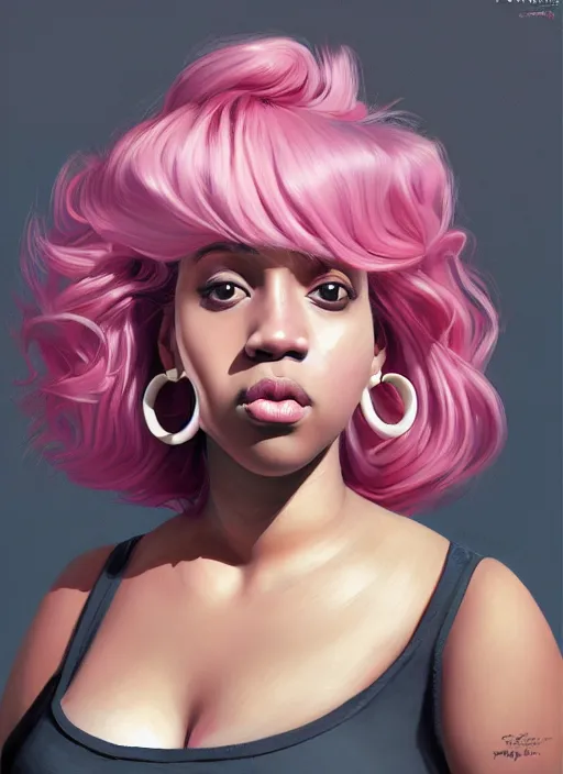 Image similar to full body portrait, teenage vanessa morgan, pink hair, obese, curly pixie hair, sultry, realistic, short hair, hoop earrings, skirt, shirt, fat, belly, black girl, intricate, elegant, highly detailed, digital painting, artstation, concept art, smooth, sharp focus, illustration, art by wlop, mars ravelo and greg rutkowski