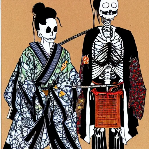 Image similar to portrait of a skeleton samurai and his beautiful Japanese wife by Toshio Saeki, high detailed