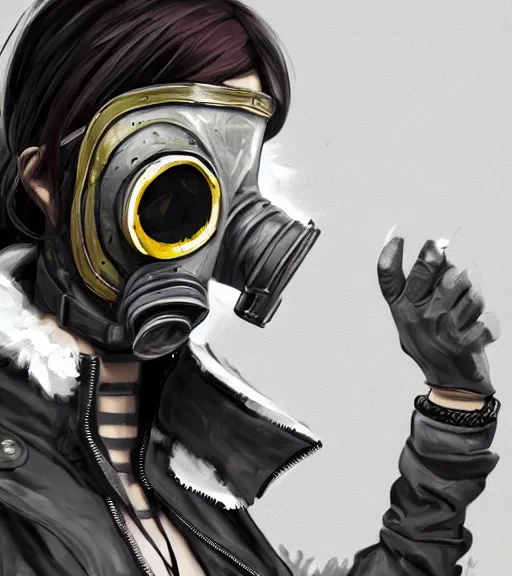 Image similar to a girl wearing a jacket, gas mask, punk outfit, highly detailed, digital painting, artstation, concept art, smooth, sharp focus, illustration