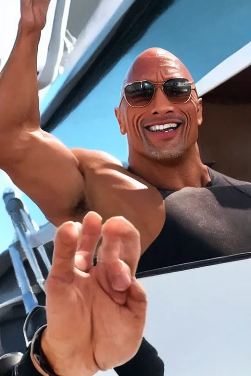 Image similar to dwayne johnson waving to his fans while leaving the united states using a luxurious yacht