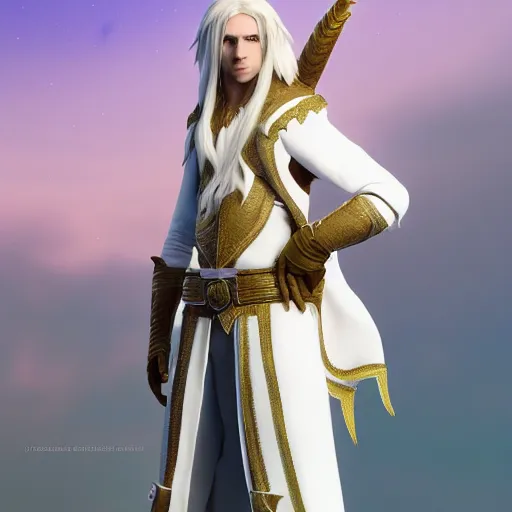 Image similar to a highly detailed male elf in full length, with white long hair, white clothes, bright blue eyes, artstation, DeviantArt, professional, octane render