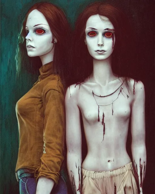 Image similar to two handsome but sinister, creepy young women in layers of fear, wearing oxford shorts, with haunted eyes like mannequins band wild hair, 1 9 7 0 s, seventies, wallpaper, a little blood, moonlight showing injuries, delicate embellishments, painterly, offset printing technique, by john howe, brom, robert henri, walter popp