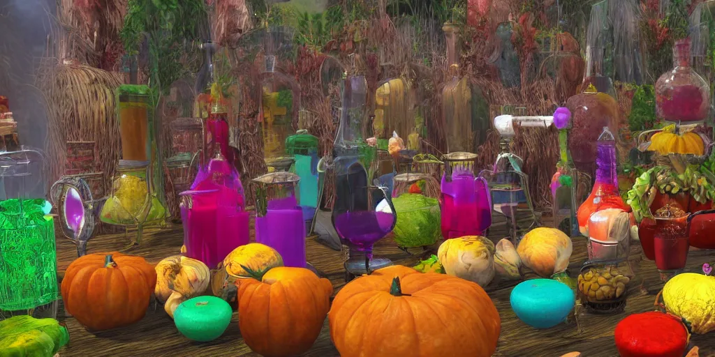 Image similar to colorful potions at the harvest festival, hyper realistic, 8 k, insane details,