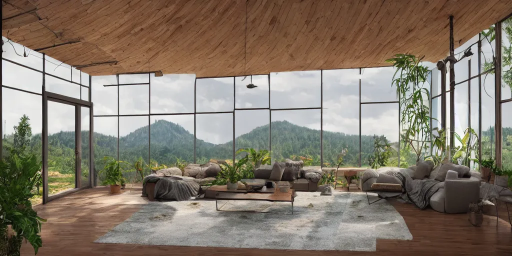 Image similar to a beautiful modern living room with wood floors, large windows with a beautiful view, an area rug, plants, forest, mountains, realistic, hd, 8 k, digital rendering, unreal engine, blender, octane, maya