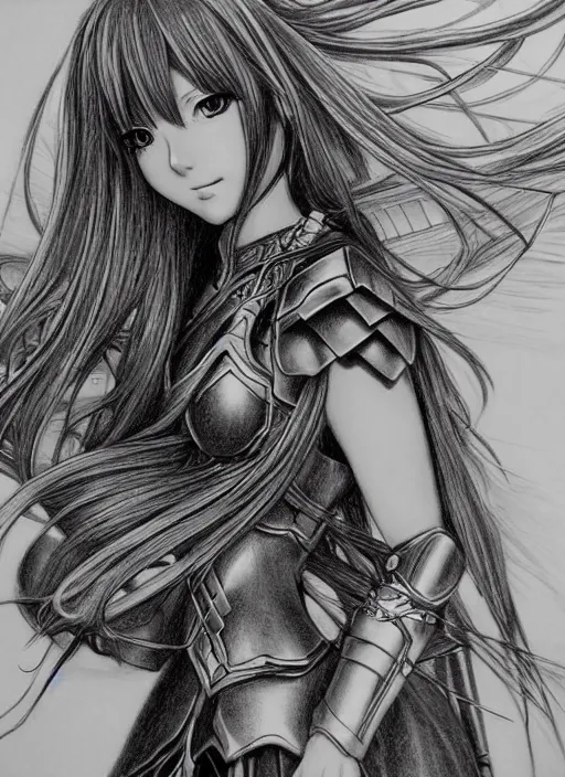 Prompt: hyper - realistic line art pencil drawing of a fantasy warrior anime woman withwith long hair twirling, very exaggerated fisheye perspective, art by shinichi sakamoto