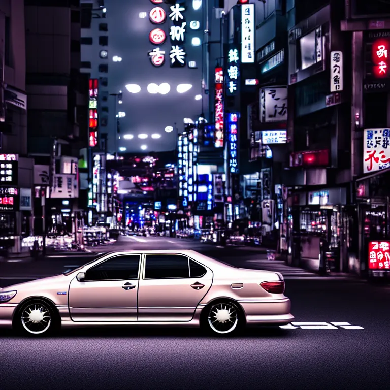 Image similar to Toyota Aristo, detailed-wheels, Shibuya prefecture, cinematic lighting, photorealistic, highly detailed, night photography