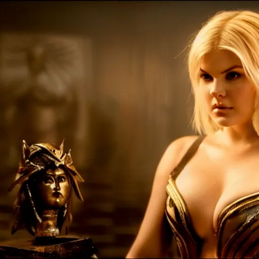 Image similar to cinematic scene with elisha cuthbert in a caslte as the goddess of war, dramatic, small details, volumetric lighting, still frame