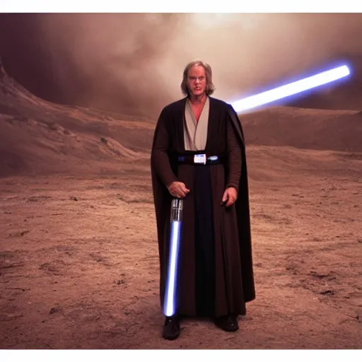 Image similar to brent spiner as a jedi master cinematic scene, wide angle, full body, 3 5 mm