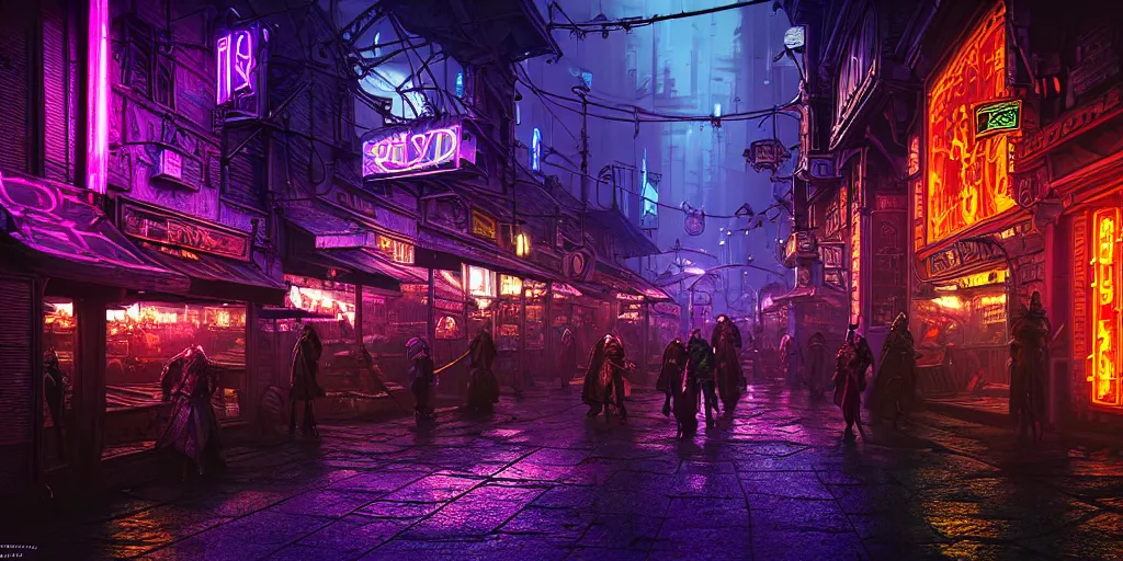 Prompt: fantasy medieval cyberpunk townscape, rain, neon signs, shops, arcade, market, nightclub, weaponsmith, blacksmith, armorer, floating vehicles, people, cinematic establishing shot, purple teal blue white pink orange color scheme, sharp focus, very realistic, photorealistic, intricately detailed, finely textured, cgsociety