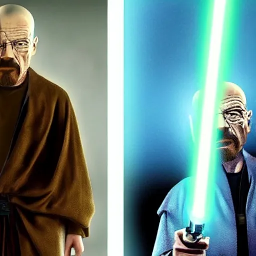 Image similar to realistic photo of walter white as a jedi from star wars, using jedi clothes and with a lightsaber