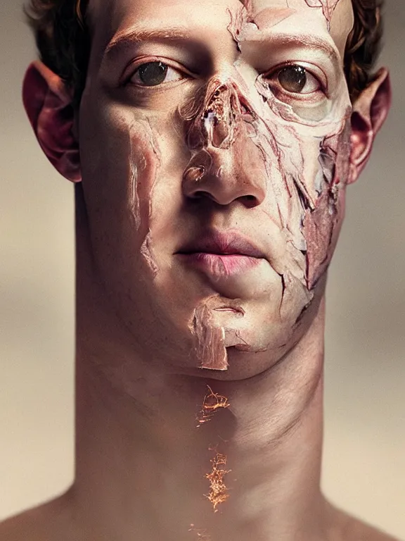 Image similar to portrait of a mark zuckerberg, skin peeling away to reveal reptile skin, art by ryo shiotani and greg rutkowski, intricate, beautiful, cinematic lighting, vintage art by serge ivanoff, high resolution, very detailed