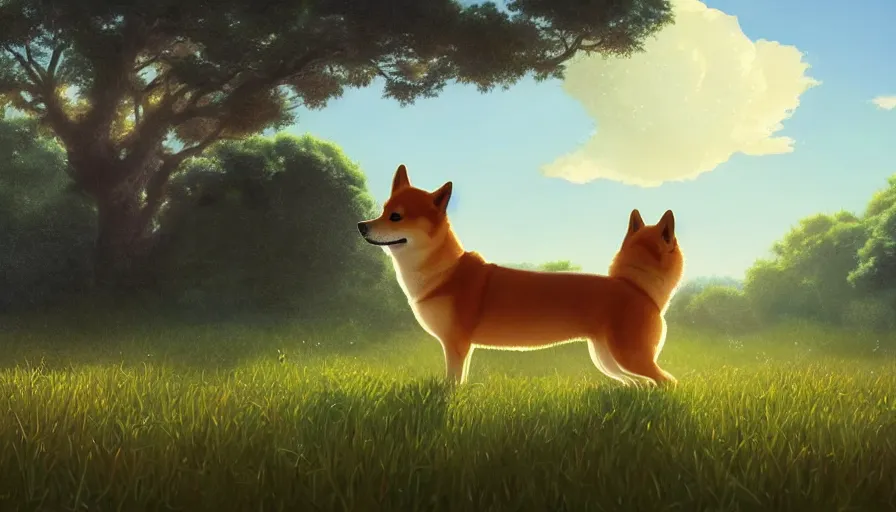 Image similar to a highly detailed matte painting of a shiba inu on an open field, by studio ghibli, makoto shinkai, by artgerm, by beeple, by greg rutkowski, volumetric lighting, octane render, 4 k resolution, trending on artstation, masterpiece