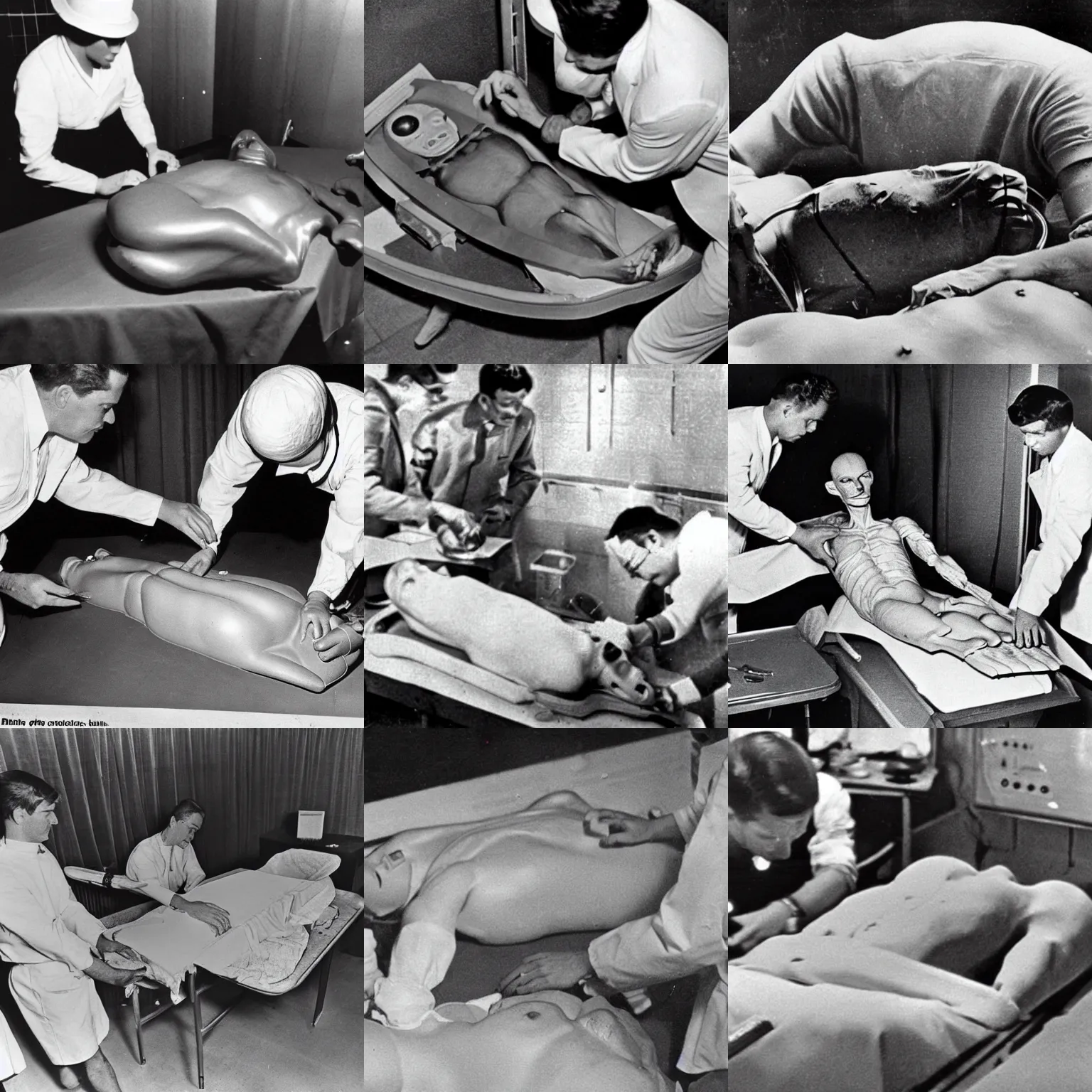 Prompt: 1960s photographic evidence of autopsy performed on an alien body