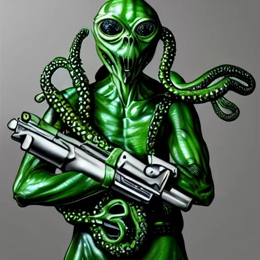 Image similar to hyper - realistic and detailed portrait of green alien soldier with tentacles and weapons