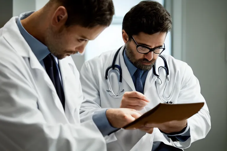 Image similar to a cinematic headshot portrait of an doctor reading his notes, moody lighting, movie still, shallow depth of field, muted colors