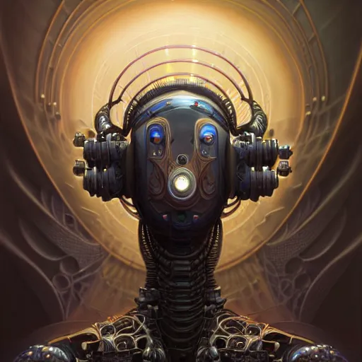 Image similar to low angle shot of a fractal cyberpunk gazmask robot character, intricate, elegant, highly detailed, centered, digital painting, artstation, concept art, smooth, sharp focus, illustration, artgerm, Tomasz Alen Kopera, Peter Mohrbacher, donato giancola, Joseph Christian Leyendecker, WLOP, Boris Vallejo