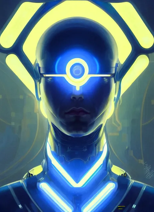 Prompt: symmetry!! portrait of a man, sci - fi, tech wear, blue and yellow glowing lights!! intricate, elegant, highly detailed, digital painting, artstation, concept art, smooth, sharp focus, illustration, art by artgerm and greg rutkowski and alphonse mucha