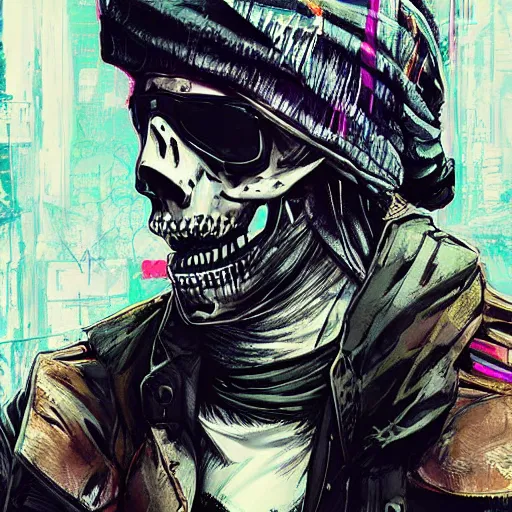 Prompt: skull wearing turban and cyberpunk clothing bladerunner 2049 by Yoji Shinkawa