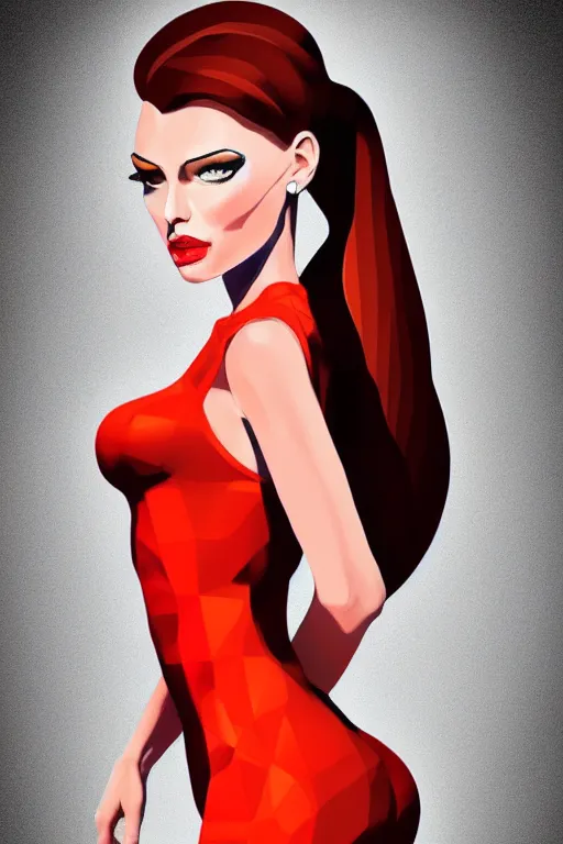 Image similar to full length illustration of very beautifully female looking like angelina jolly with amazing body figure, wearing tight dress, ponytail haircut, digital painting, trending on art station and devian art, pop art, low polygons illustration