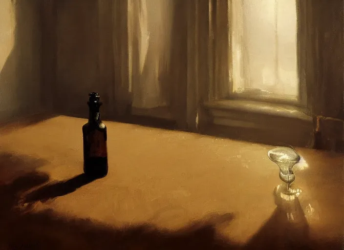 Image similar to oil painting of whiskey bottle, barley grain, art by anders zorn, wonderful masterpiece by greg rutkowski, beautiful cinematic light, backlit, window cast shadows, american romanticism by greg manchess, creation by tyler edlin, folds of fabric, tablecloth