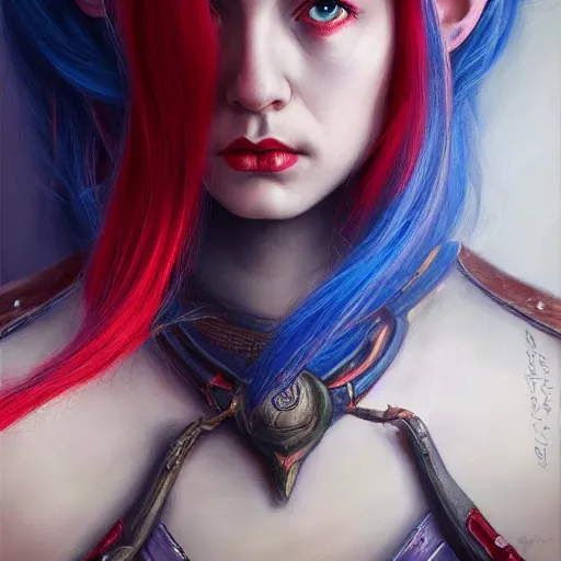 Prompt: A detailed matte oil on canvas head on symmetrical portrait of a distinguished elven woman with red and blue hair on an empty background, by Charlie bowater, Wlop, trending on artstationhd, dungeons and dragons art, parted hair , half blue, half red , split dye, critical role