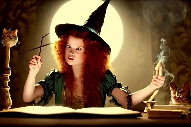 Prompt: close up portrait, dramatic lighting, teen witch calmly pointing a magic wand casting a spell over a large open book on a table with, short hair, cat on the table in front of her, sage smoke, a witch hat cloak, apothecary shelves in the background, still from alice in wonderland and peter pan