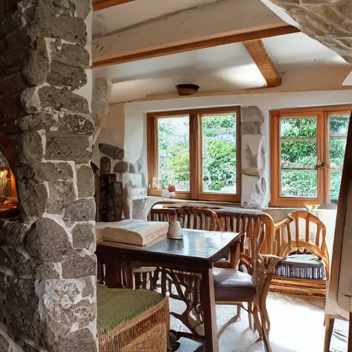 Prompt: photo of interior of cozy stone cottage