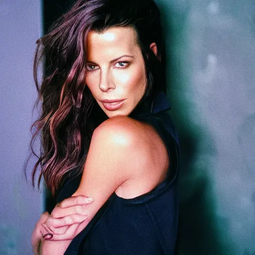 Prompt: medium shot of Kate Beckinsale, Cinestill 800t, photography by Lazar Bogdanović