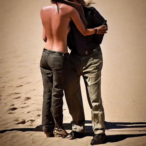 Prompt: a male, tan-skinned detective hugs from behind a tall, female, pale-skinned detective in the desert