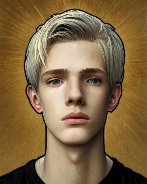 Image similar to portrait of 1 5 - year - old boy, a tall, slender boy with a pale, pointed face, sleek blond hair, and ice grey eyes, wearing black clothes, hyper realistic face, beautiful eyes, close up, fantasy art, in the style of greg rutkowski, intricate, alphonse mucha, hyper detailed, smooth