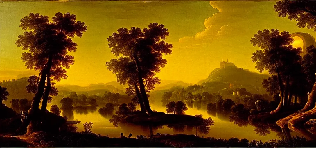 Image similar to a forest with diamond trees at sunset there is golden castle off in the distance, highly detailed landscape painting by claude lorrain, golden hour, misty ominous atmosphere