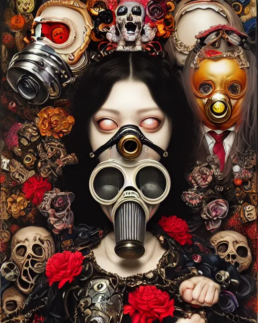 Prompt: a maximalist portrait a with large lips and with large eyes, expressive, deformed face, wearing a bone gas mask, baroque by ayami kojima, greg hildebrandt, mark ryden, hauntingly surreal, highly detailed painting by, james jean and jenny saville, soft light 4 k