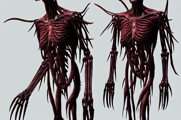 Image similar to creature made out of a humanoid nervous system with large meaty spikes all over the body, cinematic, volumetric lighting, f 8 aperture, cinematic eastman 5 3 8 4 film, photorealistic